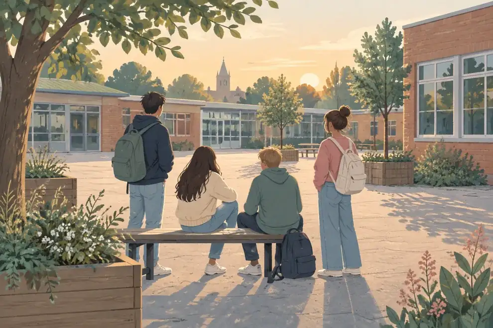 Een groepje tieners zit en staat samen op een schoolspeelplaats met bomen, bloembakken en een laag bakstenen schoolgebouw.