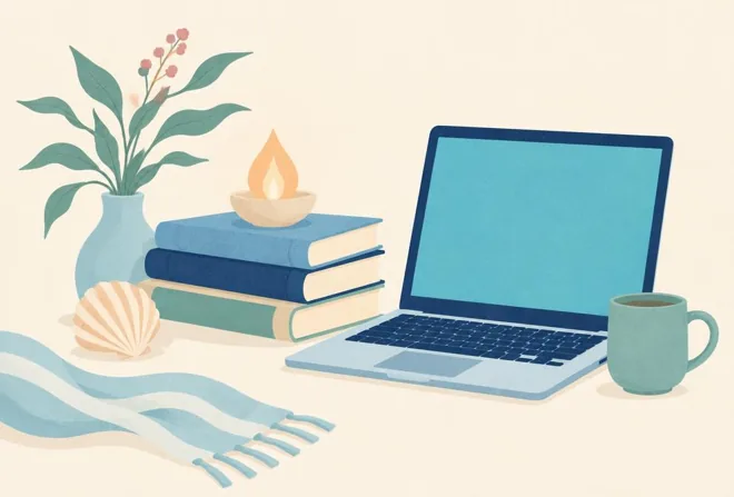 Boeken en een laptop met een warm vlammetje.