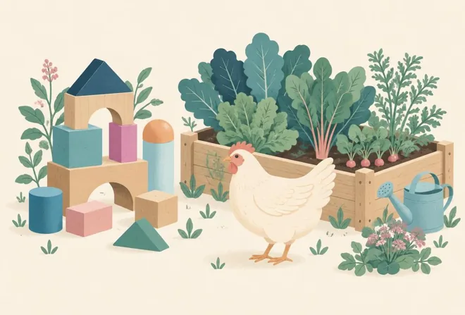 Speelblokken, een moestuin en een kip.