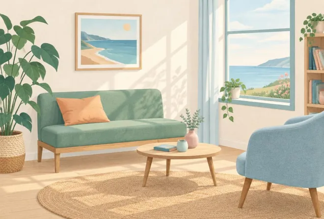 Een zachte bank bij een zonnig raam in een rustige kamer.